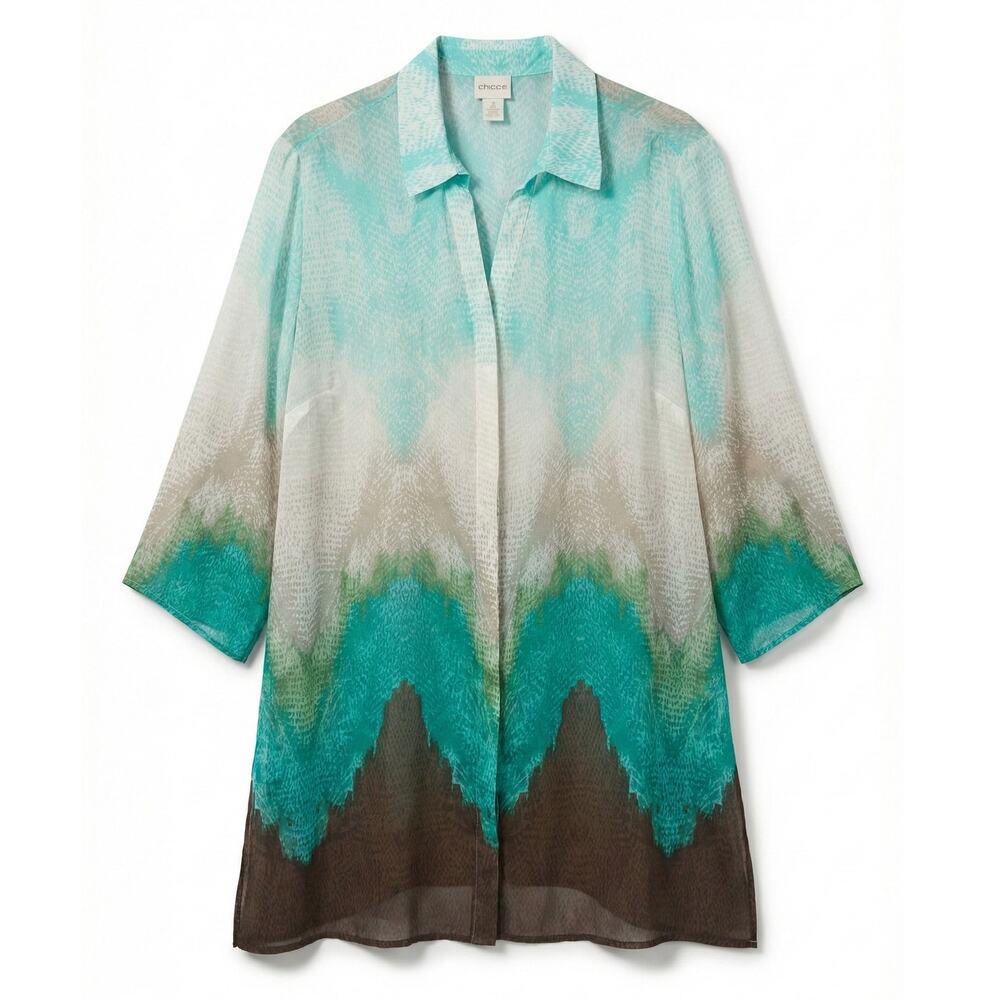 Chico's Women's L Boho Coastal Resortwear Sheer Abstract Ikat Vacation‎ Tunic